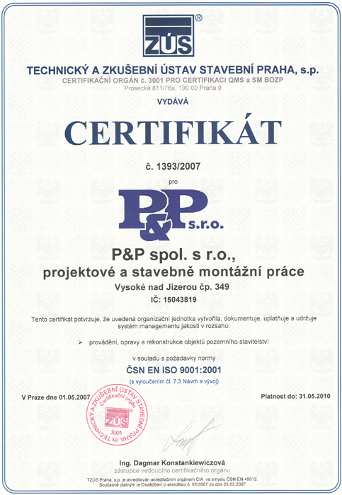certifikát ISO 9001:2001